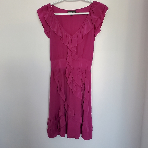 Warehouse dark fuschia ruffled silk dress sz 8 UK
